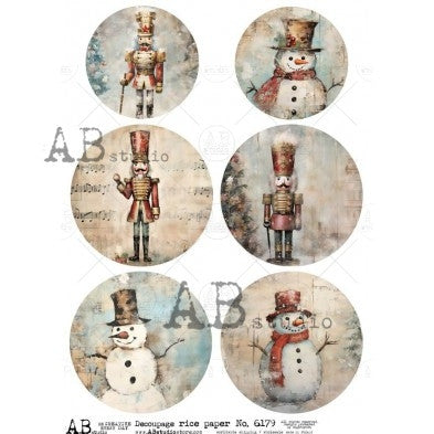 Vintage Nutcracker and Snowman Medallion Illustration Decoupage Paper – A4