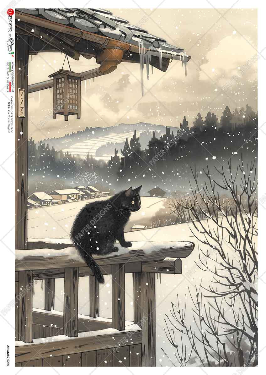 Paper Designs Cat on a Ledge in the Snow III Rice Paper