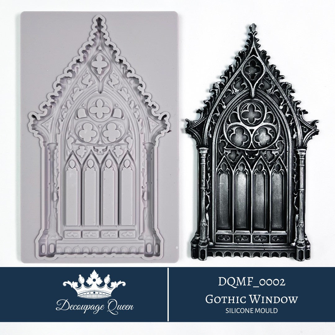 Decoupage Queen Gothic Window silicone mould with pointed cathedral window and ornate gothic tracery