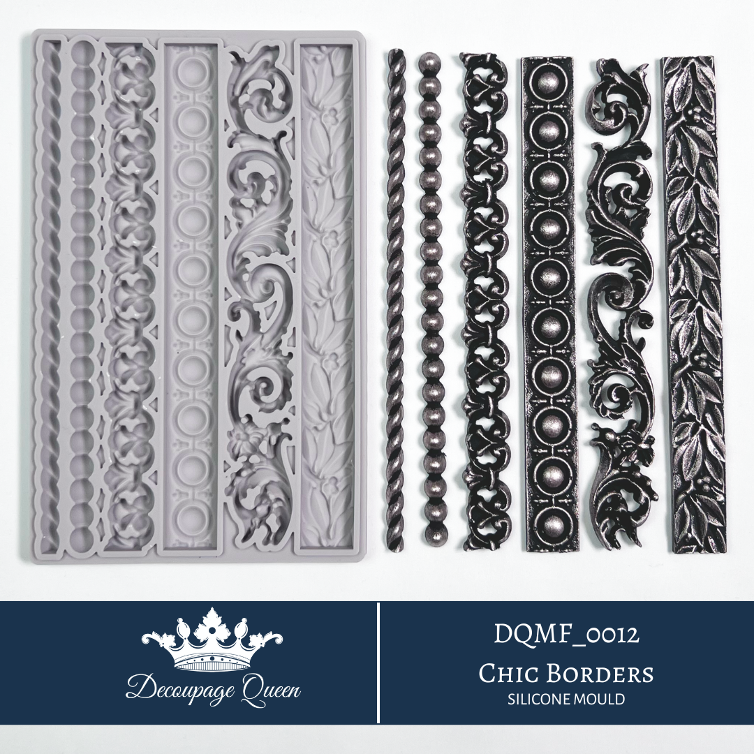 Decoupage Queen Chic Borders silicone mould with decorative border strips, scrollwork and ornamental trim