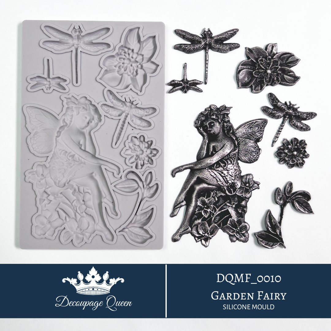 Decoupage Queen Garden Fairy silicone mould with fairy, dragonflies, flowers and botanical details