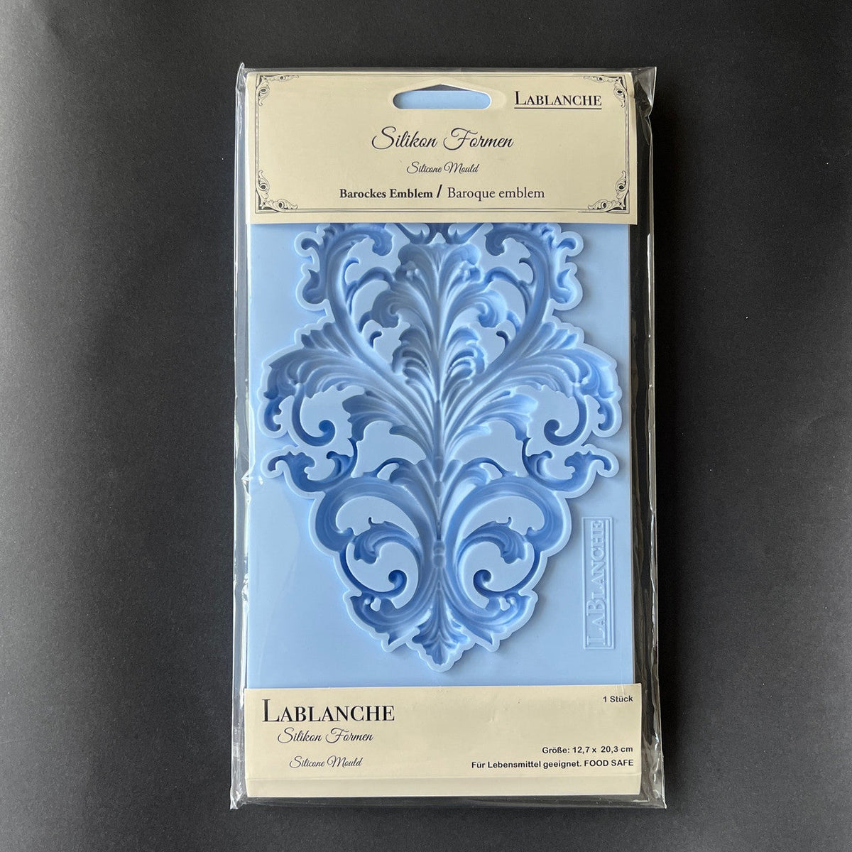 LaBlanche Baroque Emblem silicone mould with ornate scrollwork applique