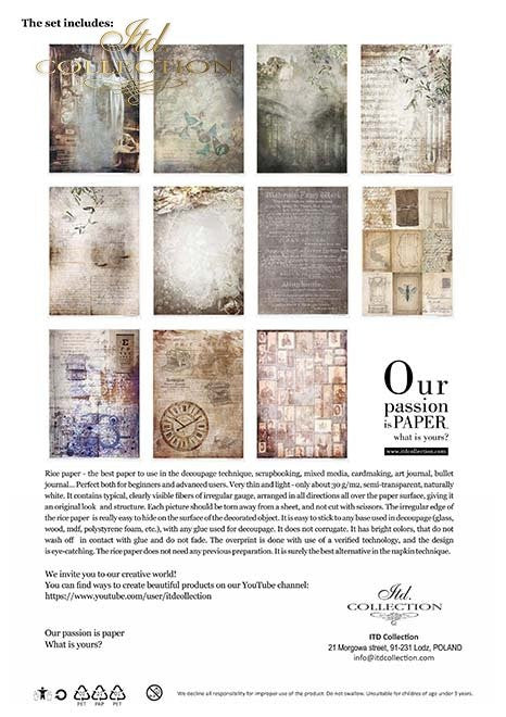 ITD Collection Rice Paper Pack of 11 A4 Old Diary Ephemeral Moments