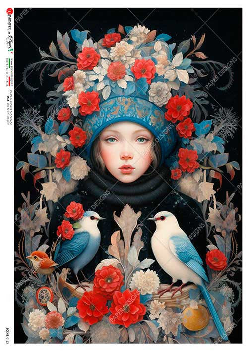 Paper Designs Blue and Red Headdress Festive Winter Lady Rice Paper