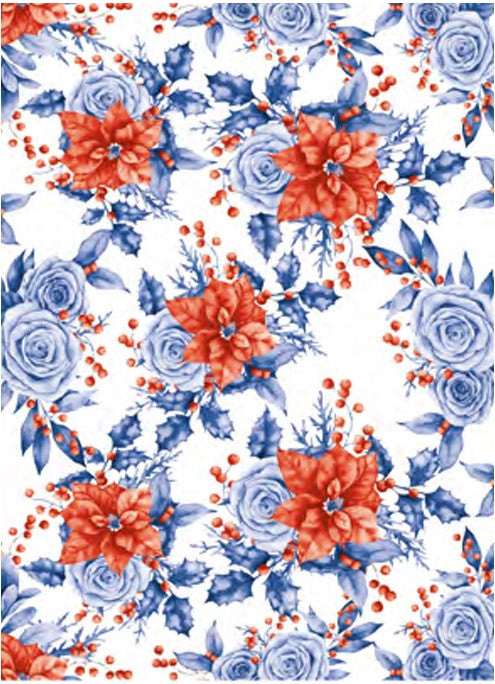 Calambour Red and Blue Christmas Poinsettias and Roses Smaller Pattern A3 Rice Paper