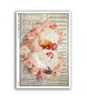 Rooster and Hen with Roses