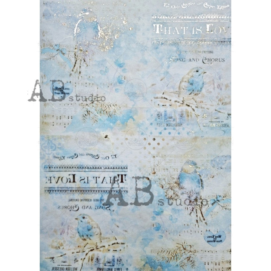 AB Studios Gilded Blue Birds Rice Paper A4 0022