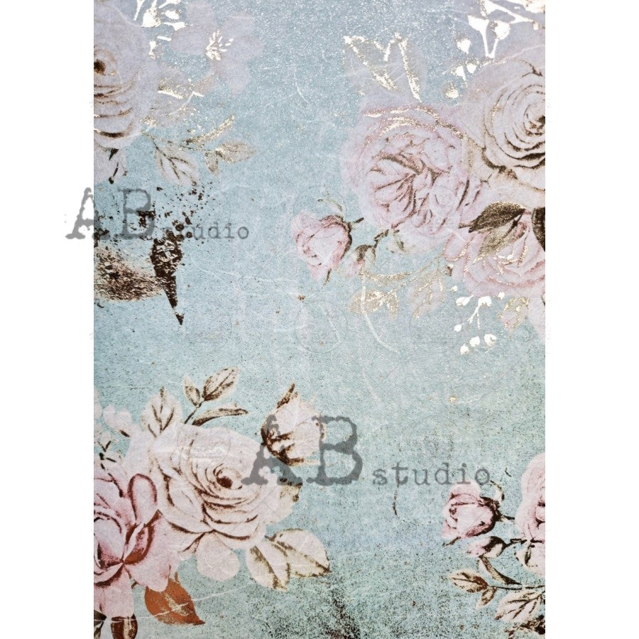 AB Studios Gilded Aqua and Pink Floral Decoupage Rice Paper A4 0054