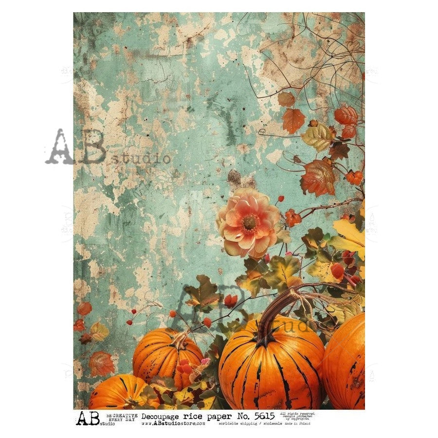 AB Studios Fall Pumpkins Aqua Grunge A4 Rice Paper