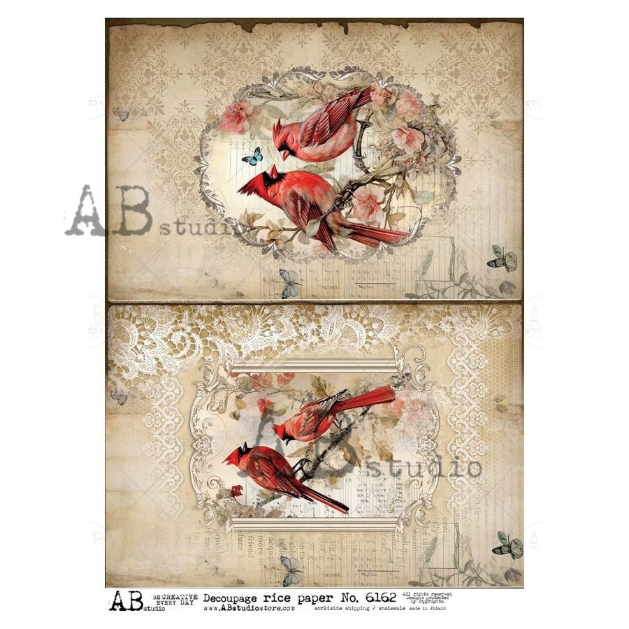 AB Studios Cardinals on Antique Paper Rice Paper