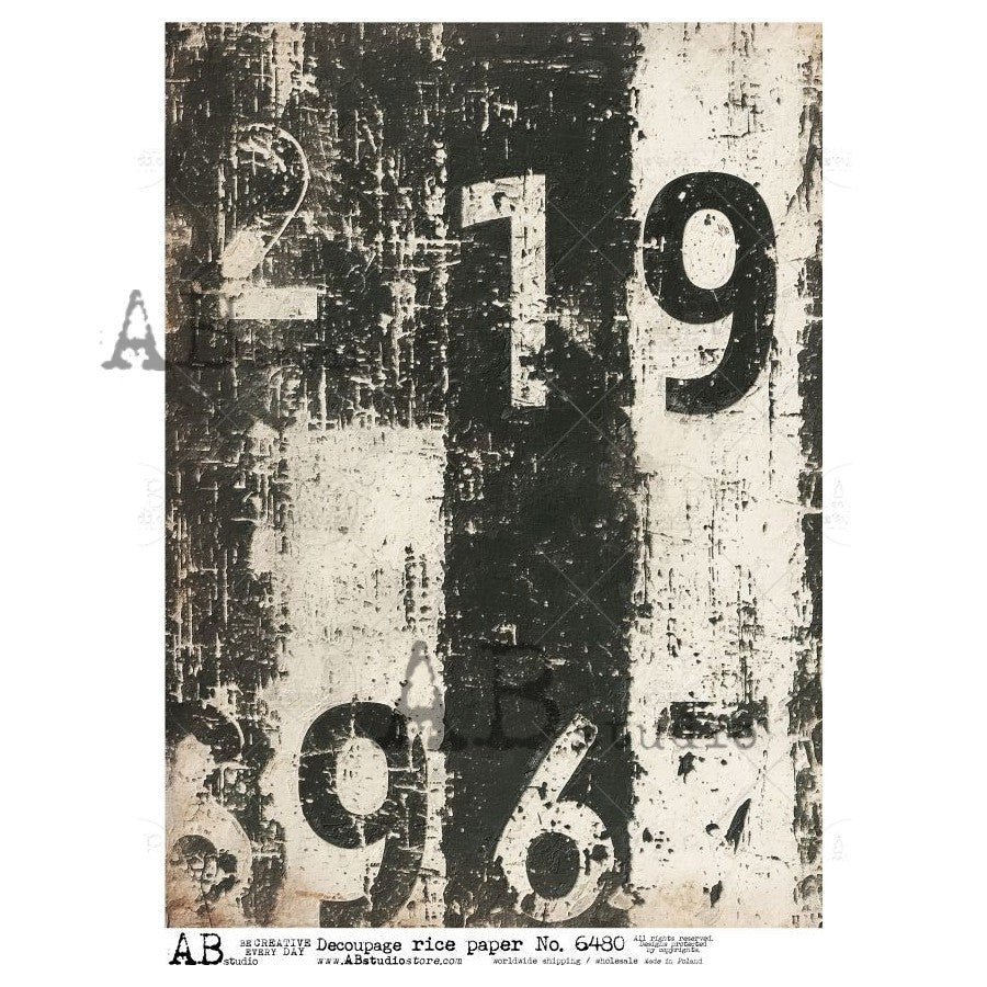AB Studios Black and White Grunge Numbers A4 Rice Paper