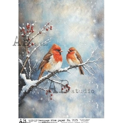 AB Studios Winter Robins on Snowy Branch A4 Rice Paper