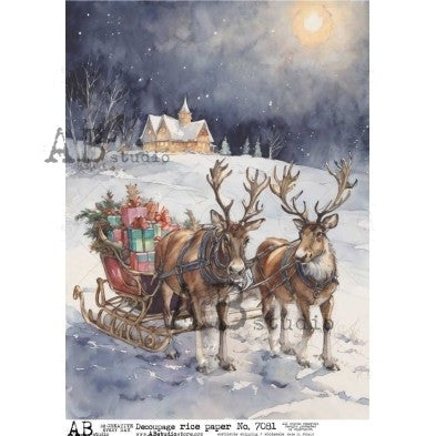 AB Studios Reindeer Sleigh with Gifts A4 Rice Paper