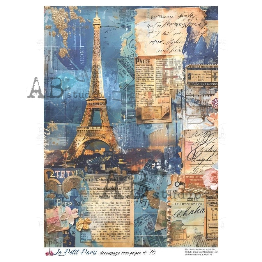 AB Studios Blue Parisian Collage A4 Rice Paper