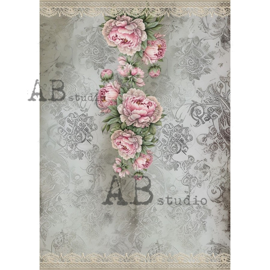 AB Studios Gray Lace and Pink Roses A4 Rice Paper