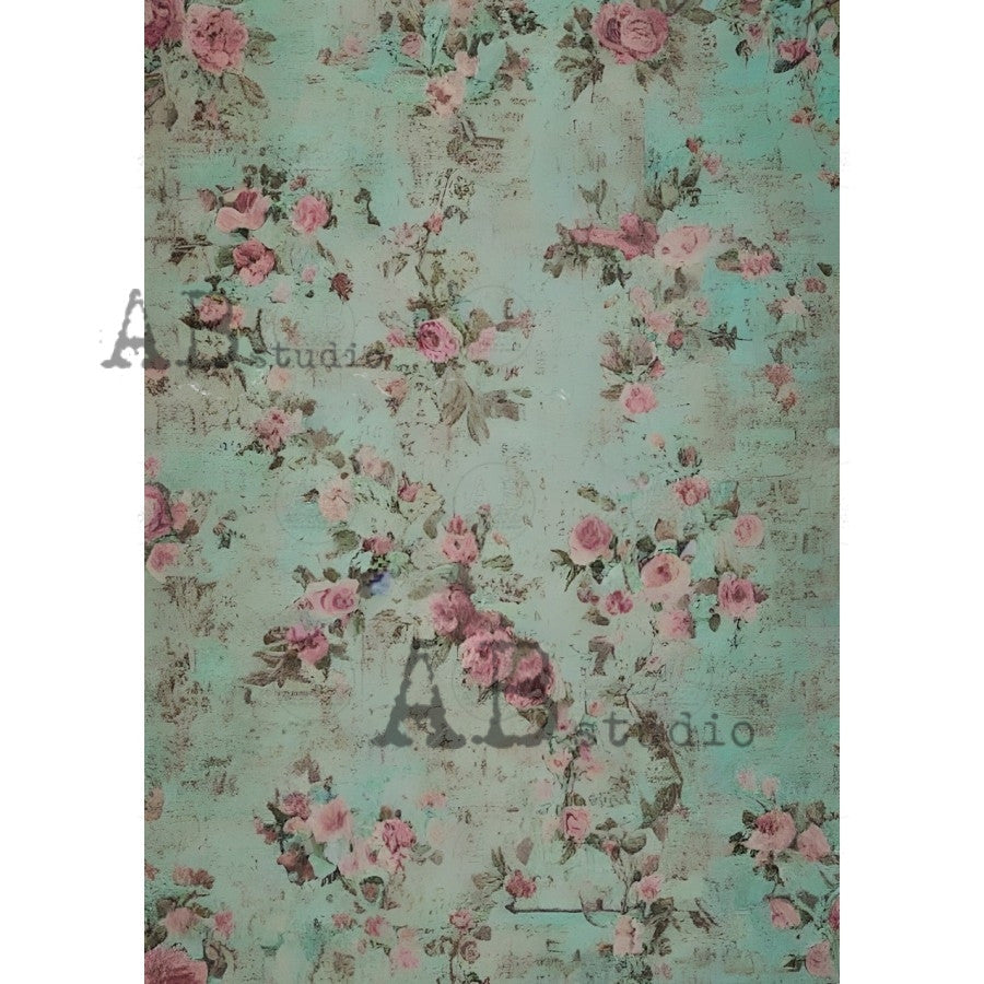 AB Studios Pink and Green Shabby Chic Rose Wallpaper