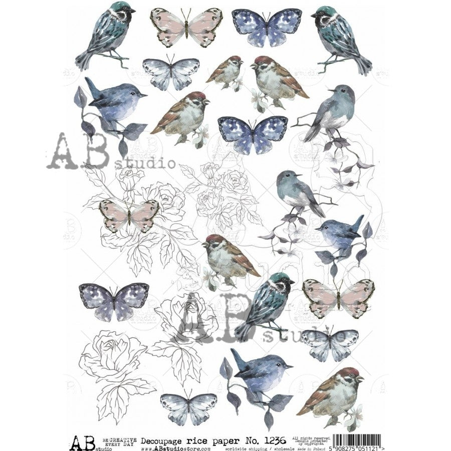AB Studios Birds and Butterfly Spring A4 Rice paper