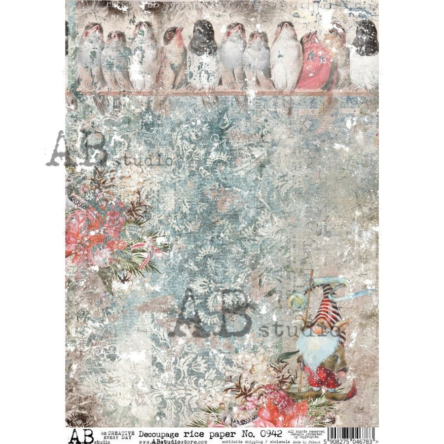 AB Studios Christmas Perched Birds and Gnome Rice Paper A4 0942