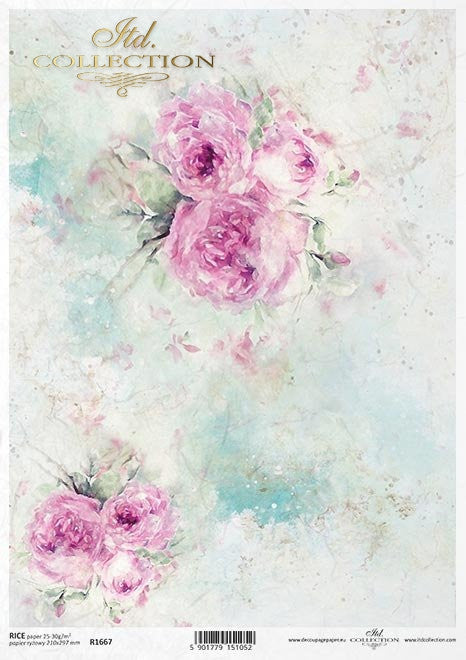 ITD Collection Large Pink Roses Rice Paper A4