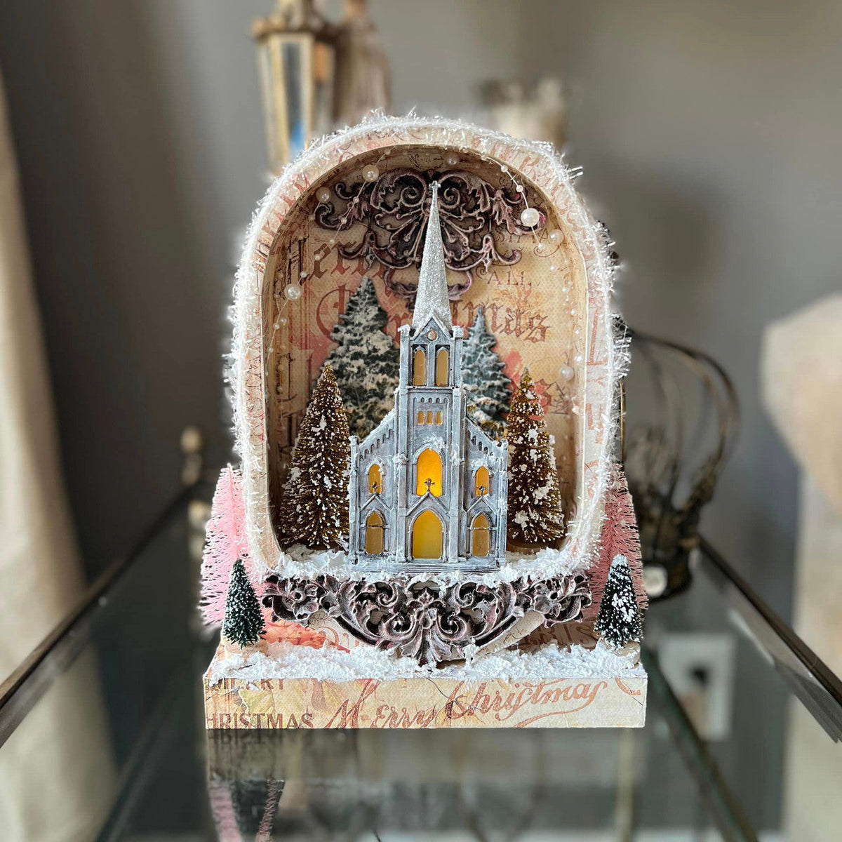 Decoupage Queen House of Faith silicone mould with church facade, crosses and religious gothic elements