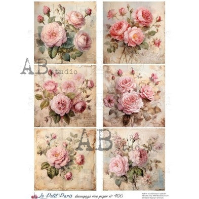 Vintage Pink Rose Panel Illustration Decoupage Paper – A4