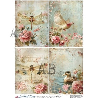 Vintage Bird, Dragonfly, and Duck Illustration Panel Decoupage Paper – A4