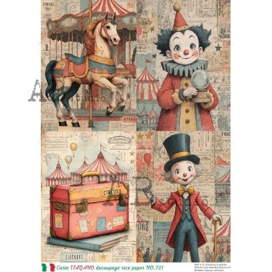 Vintage Circus Clown and Carousel Scene Panel Decoupage Paper – A4