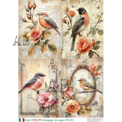 Vintage Songbird and Rose Illustration Panel Decoupage Paper – A4