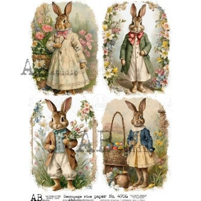 Vintage Dressed Bunny Illustration Panel Decoupage Paper – A4