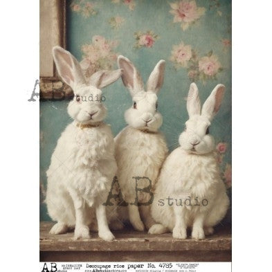 Vintage White Bunny Trio Illustration Decoupage Paper – A4