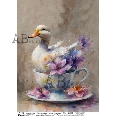 Whimsical Duck Teacup Illustration Decoupage Paper – A4