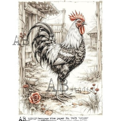 Vintage Rooster Farm Illustration Decoupage Paper – A4