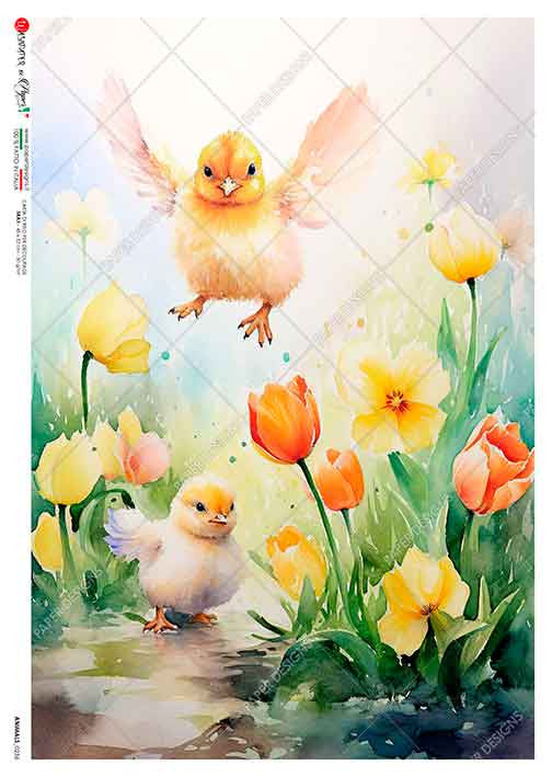 Paper Designs Flying Chick with Tulips A4 Rice Paper