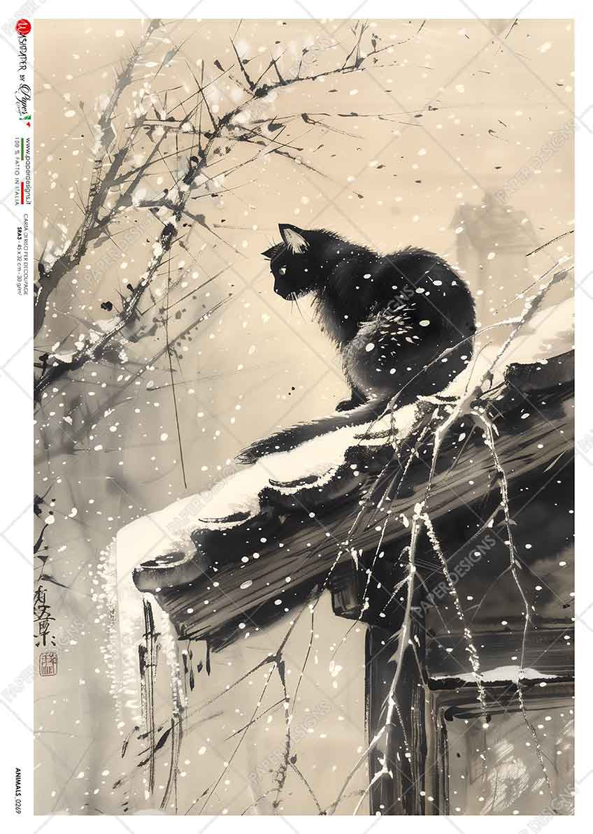 Paper Designs Cat on a Roof in the Snow Rice Paper