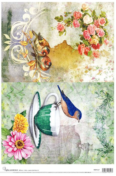 Calambour Two Colorful Floral Bird Scenes A3 Rice Paper