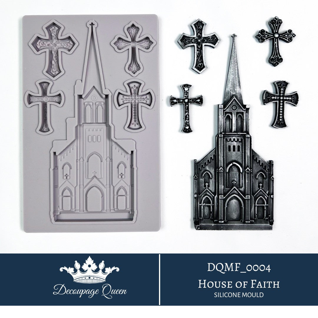 Decoupage Queen House of Faith silicone mould with church facade, crosses and religious gothic elements
