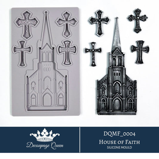 Decoupage Queen House of Faith silicone mould with church facade, crosses and religious gothic elements