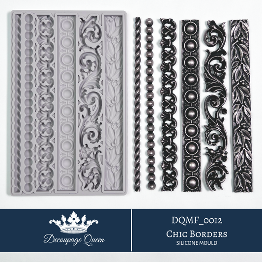 Decoupage Queen Chic Borders silicone mould with decorative border strips, scrollwork and ornamental trim