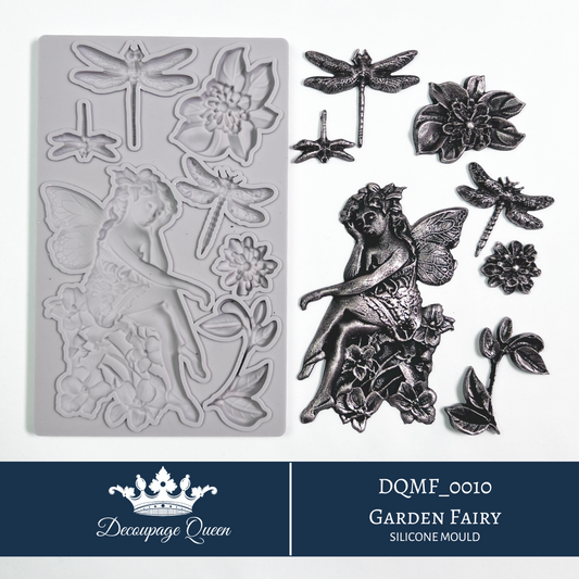Decoupage Queen Garden Fairy silicone mould with fairy, dragonflies, flowers and botanical details