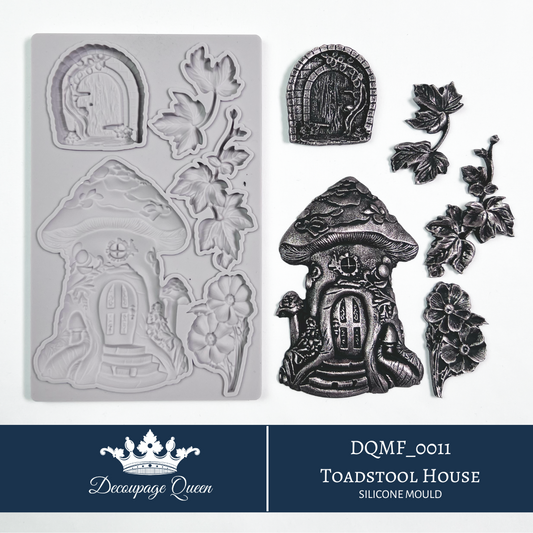 Decoupage Queen Toadstool House silicone mould with mushroom cottage, floral accents and woodland details