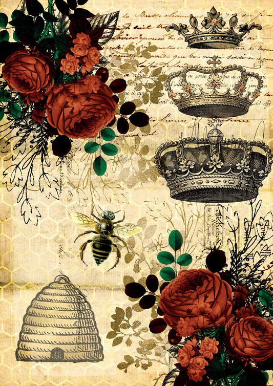 Queen Bee and Red Roses with Beehive