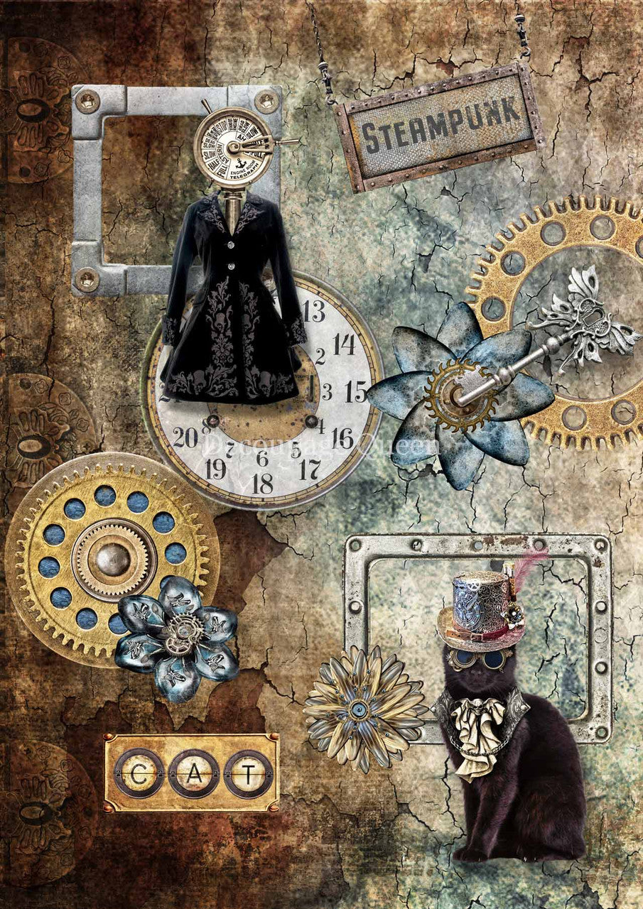 Decoupage Queen Steampunk Cool Cat Rice Paper