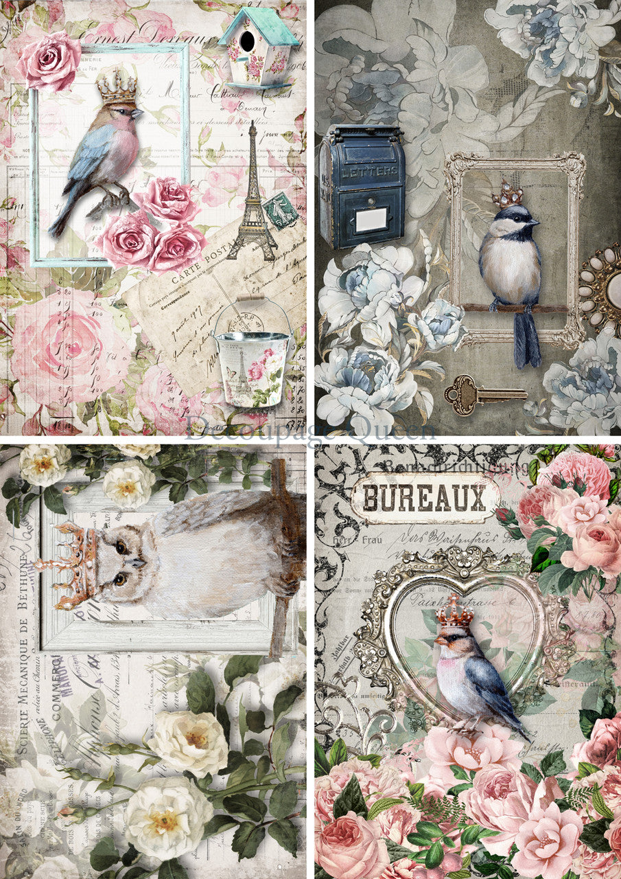 Decoupage Queen Crowned Birds Four Pack Rice Paper