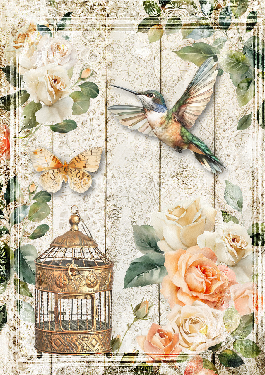 Decoupage Queen Rice Paper - Rose Garden Hummingbird