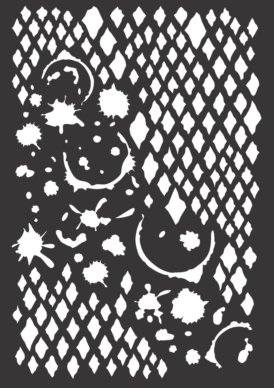 Decoupage Queen distressed diamond splatter stencil with lattice pattern and paint splash details