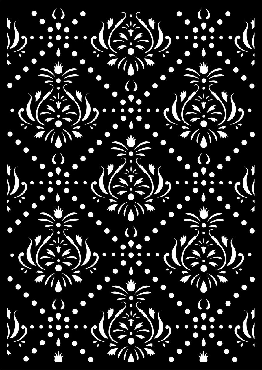 Decoupage Queen damask tiles stencil with repeating damask motifs and dotted pattern