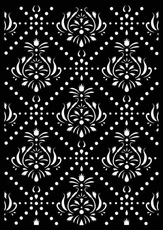 Decoupage Queen damask tiles stencil with repeating damask motifs and dotted pattern