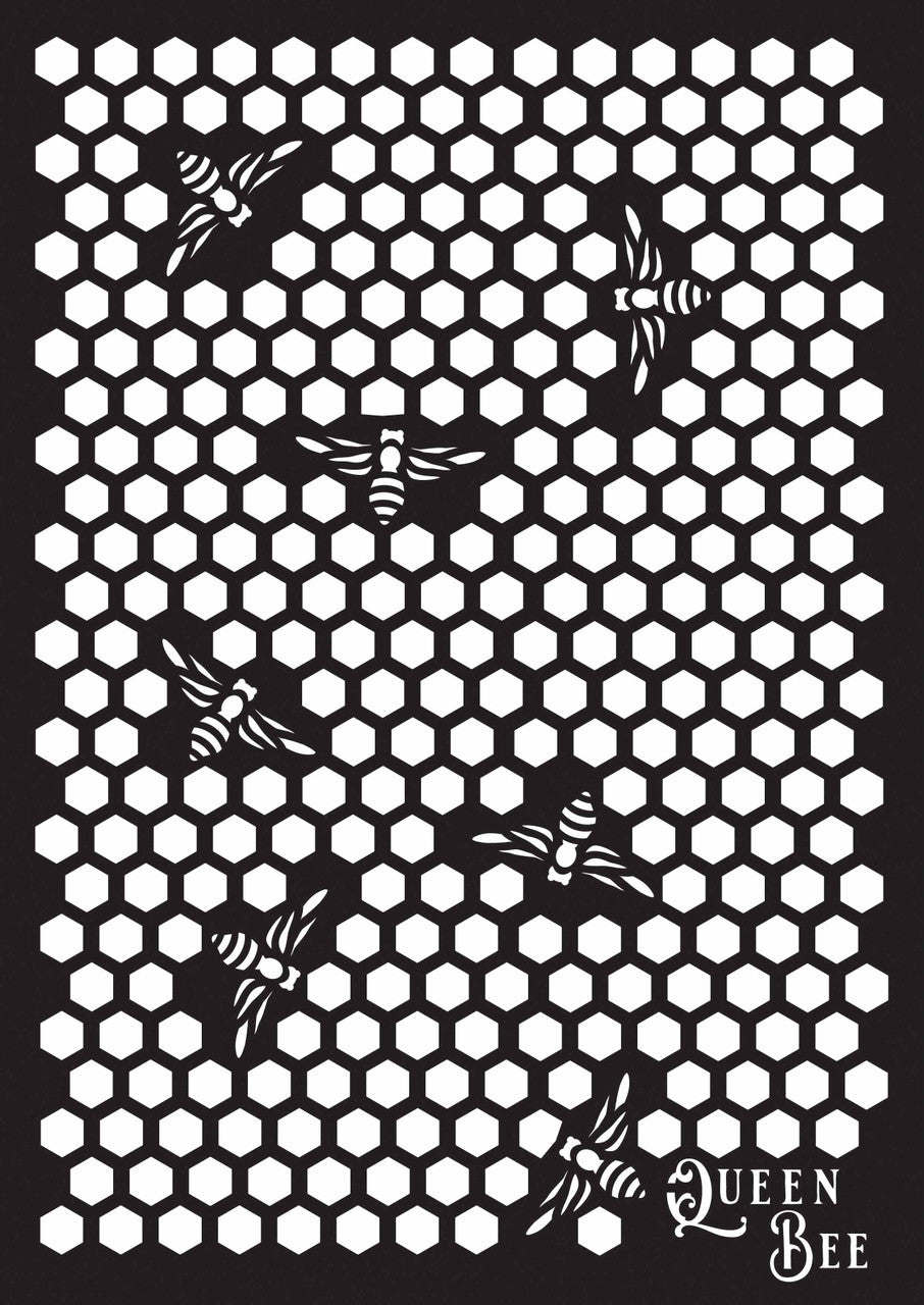 Decoupage Queen queen bee stencil with honeycomb hexagon pattern and flying bees