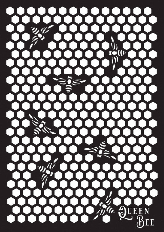 Decoupage Queen queen bee stencil with honeycomb hexagon pattern and flying bees