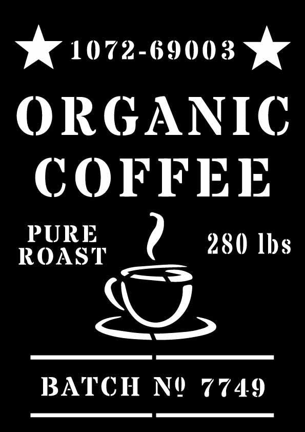 Decoupage Queen organic coffee stencil with bold typography and coffee cup graphic